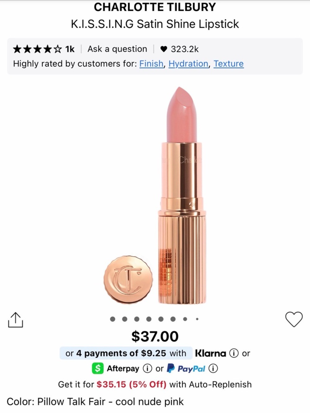 NWT CHARLOTTE TILBURRY K.I.S.S.I.N.G Satin Shine Lipstick in Pillow Talk Fair - Picture 3 of 10